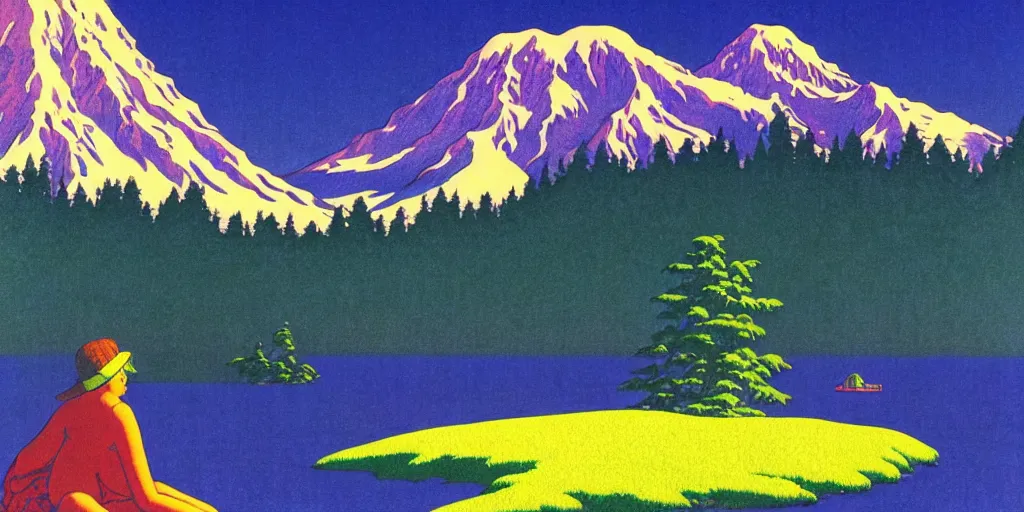 Image similar to seattle with mount rainier in the background, acid and dreaming psychedelic hallucinations, by kawase hasui, moebius and edward hopper, colorful flat surreal design, hd, 8 k, artstation