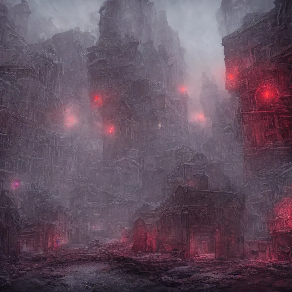 Prompt: a ruined city in the style of aetherpunk, a snowy street, huge red moon, global illumination, smoke, detailed and intricate environment, mysterious