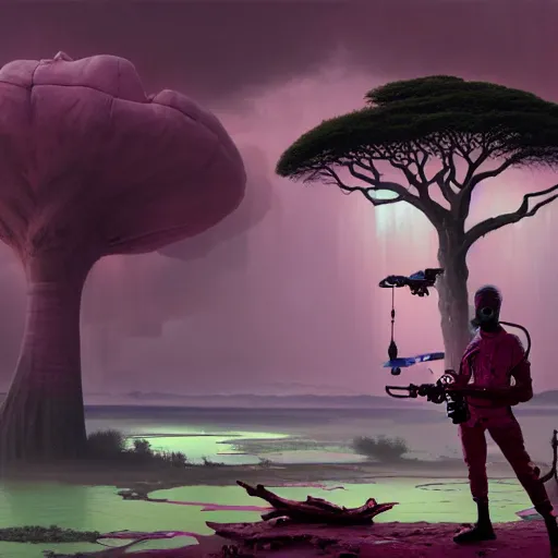 Image similar to a zulu cyberpunk hunter with a drone near a pink lake witha a baobab tree in a lightning storm by greg rutkowski and android jones in a surreal portrait style, oil on canvas, 8k resolution.