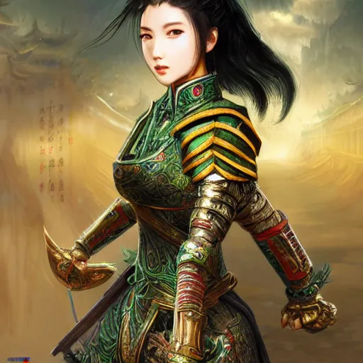 Image similar to portrait black hair young knights of Dynasty Warriors girl, metallic green armor, in ruin fire chinese palace sunrise, ssci-fi and fantasy, intricate and very beautiful and elegant, highly detailed, digital painting, soft light, artstation, concept art, smooth and sharp focus, illustration, art by tian zi and WLOP and alphonse mucha