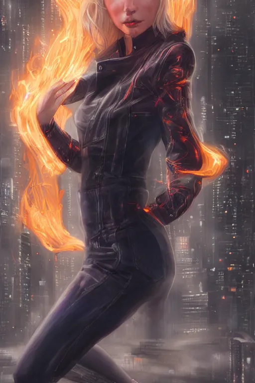 Image similar to wonderful young blonde woman with flames dancing on her hands with a long jacket in a cyberpunk city, realistic mouth, realistic, high definition, detailed and symetric face, detailed and realistic hands, expressive eyes, 4 k, shimmering color, art by artgerm ans greg rutkowski and magali villeneuve