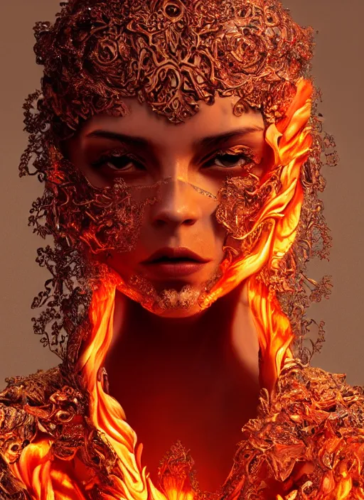 Image similar to sculpture made of flame, portrait, female, future, torch, fire, harper's bazaar, vogue, fashion magazine, intricate, concept art, close up, ornate, luxury, elite, elegant, trending on artstation, by ruan jia, by Kenneth Willardt, by ross tran, by WLOP, by Andrei Riabovitchev,