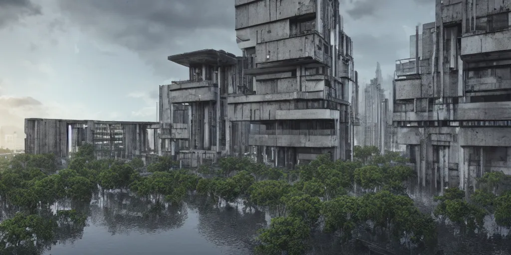 Image similar to brutalist architecture, a stunningly detailed building, surrounded by lush green forest, ponds of water, stunning volumetric lighting, sunset, metal, concrete, stunning skies, trending on Artstation, 8k, photorealistic, hyper detailed, unreal engine 5, IMAX quality, cinematic, epic lighting, in the style of Greg Rutkowski