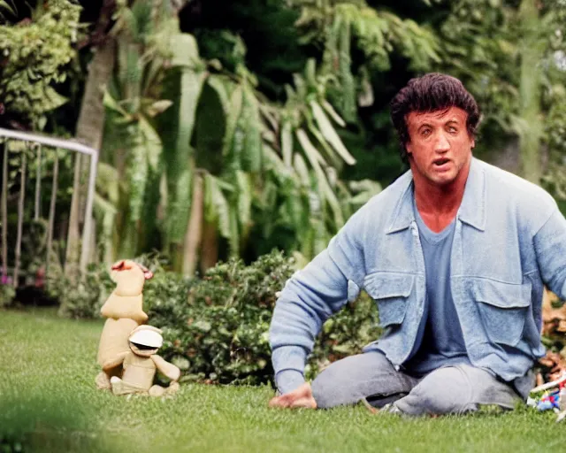 Prompt: 8 5 mm film photography of sylvester stallone!! playing with toys!! near a garden with dof and bokeh