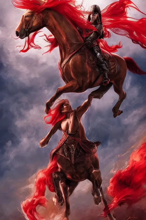 Prompt: the second horseman of the apocalypse riding a red stallion, horse is up on it's hindlegs, the rider looks carries a large sword, flames, artwork by artgerm and rutkowski, breathtaking, dramatic