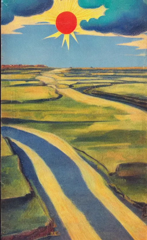 Image similar to paperback book cover. 1 9 5 0 s. pure colors, melting clouds, accurately drawn details, a sunburst above a receding road with the light reflected in furrows and ruts, after rain.