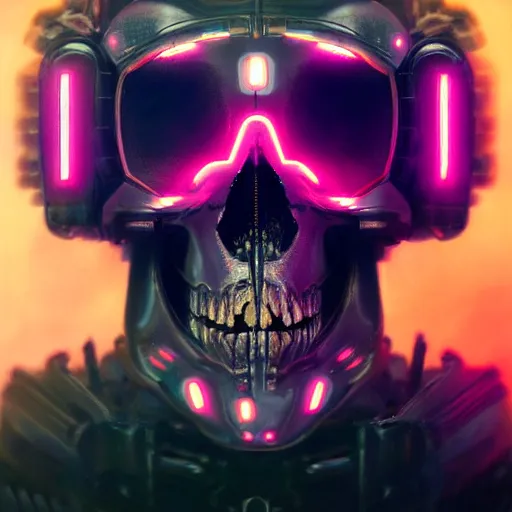 Image similar to centered hyperdetailed portrait of a mecha skull ronin, 8k, digital painting, futuristic, neon lights, trending on CG society