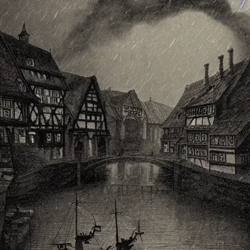 Prompt: dark fantasy, 17th century German city, dark stone, rain, river, hyper-detailed