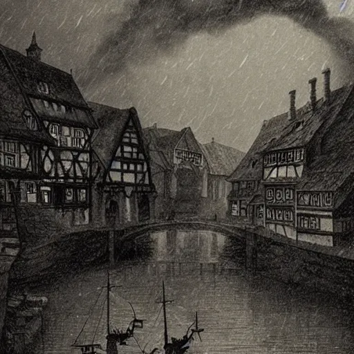 Image similar to dark fantasy, 17th century German city, dark stone, rain, river, hyper-detailed