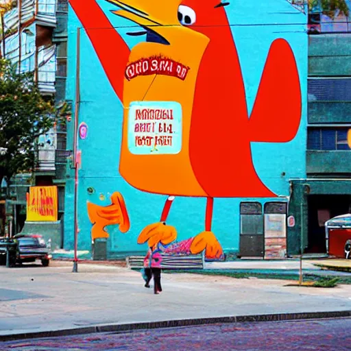 Image similar to by howard schatz, by richard scarry mild. a beautiful street art of a large, colorful bird with a long, sweeping tail. the bird is surrounded by swirling lines & geometric shapes in a variety of colors