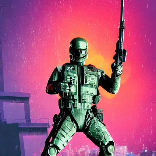 Image similar to Snake Eyes from G.I. Joe standing in a city, rain, 4k, (synthwave), trending on artstation,