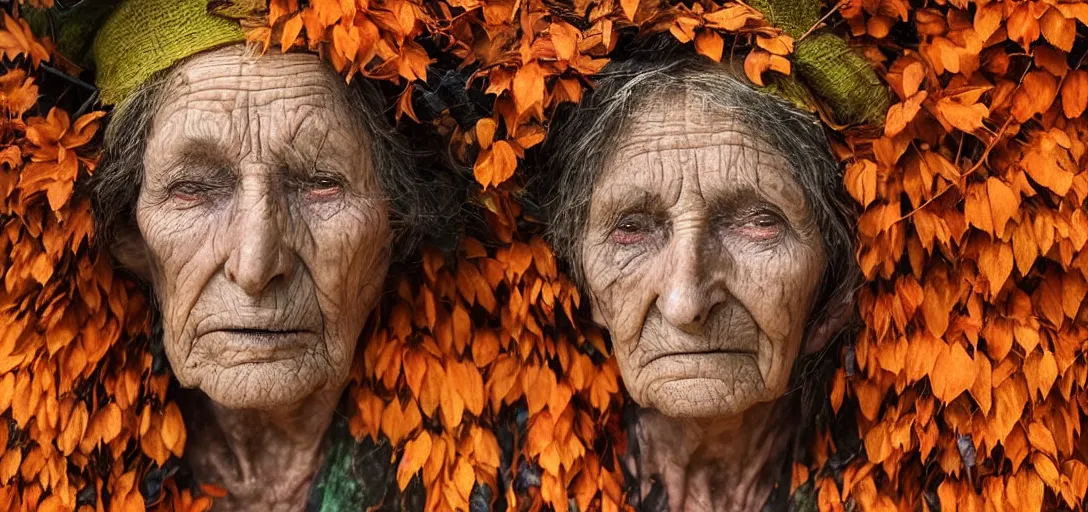 Prompt: old crone singing the song of forgetting in a gloomy misty forest with vibrant orange leaves on a nearby golden pedestal burn seven red candles. smoke fire. high detail, detailed face with piercing green eyes, far away photograph