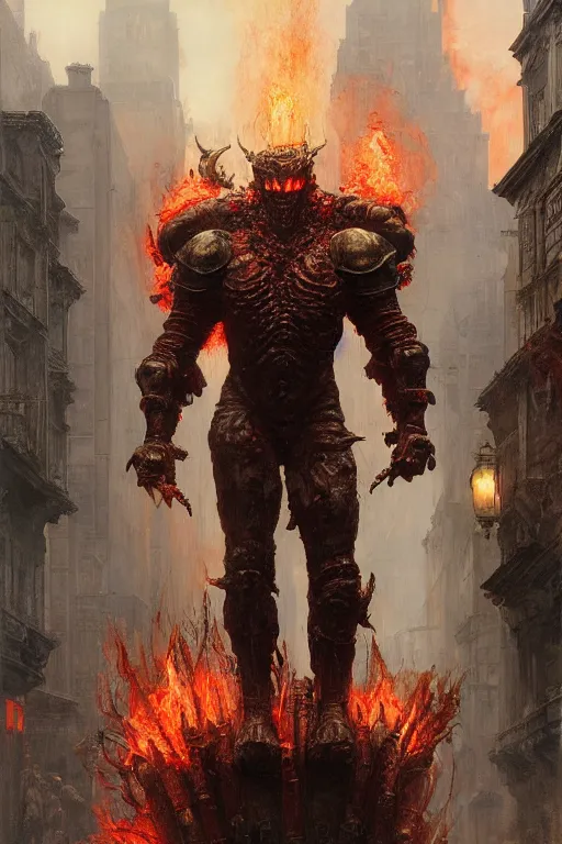 Image similar to huge bipedal hell demon with bulbous torso and flaming head wearing armour walks down city street, painted by ruan jia, raymond swanland, lawrence alma tadema, zdzislaw beksinski, norman rockwell, jack kirby, tom lovell, alex malveda, greg staples