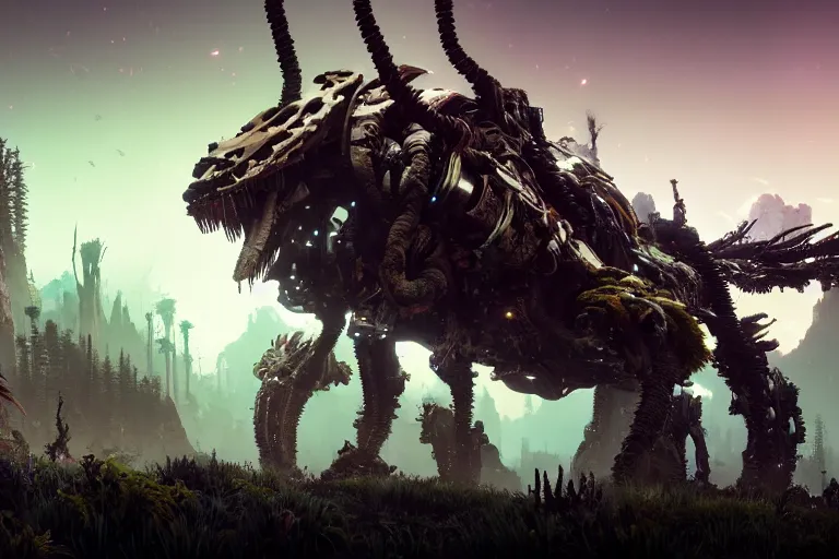 Image similar to wide epic shot from horizon forbidden west. a hyper detailed organic mechanic creatuve realistic similar look as horizon forbidden west horizon zero dawn, bioluminiscence in a dark deep forest at dawn in spring, with reflection and textures, by kilian eng, substance painter reaslitic mech surface metal painted scratches, world env from horizon forbidden west horizon zero dawn