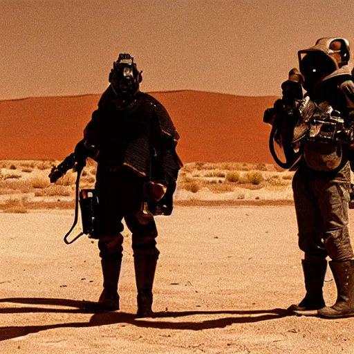 Image similar to a heavily armored man wearing a gasmask, in the desert, film still, panavision panaflex