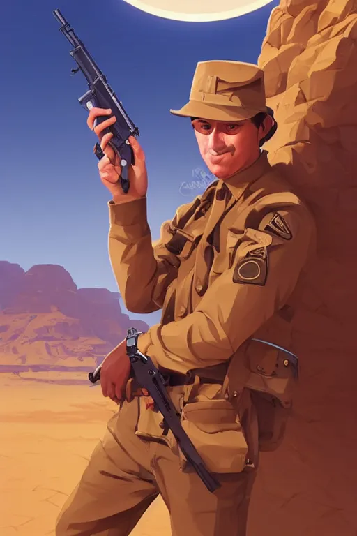 Prompt: funny drunk soldier with revolver in his hand in the desert, smooth face, centered median photoshop filter cutout vector behance hd by artgerm, jesper ejsing, by rhads, makoto shinkai and lois van baarle, ilya kuvshinov, rossdraws, illustration, art by ilya kuvshinov and gustav klimt