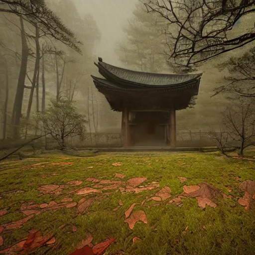 Prompt: Japanese abandoned temple in the woods, dark, moody, foggy, mysterious by Marc Simonetti