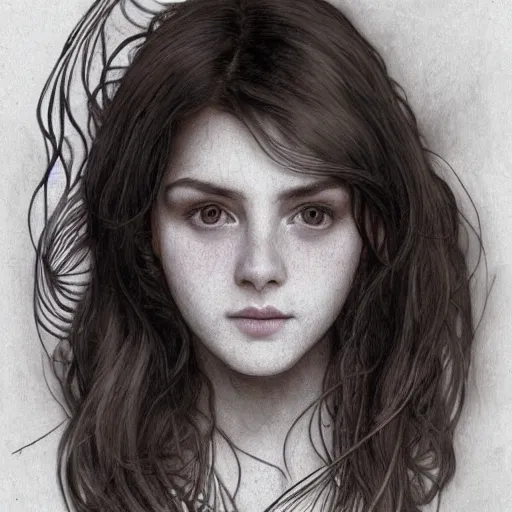 Image similar to pen and ink sketch of a welsh teenage girl with brown hair, glowing skin, delicate features, amelie poulain, fantasy, intricate, elegant, dress shirt and tie, highly detailed, digital painting, artstation, concept art, smooth, sharp focus, illustration, art by Krenz Cushart and Artem Demura and alphonse mucha, black and white