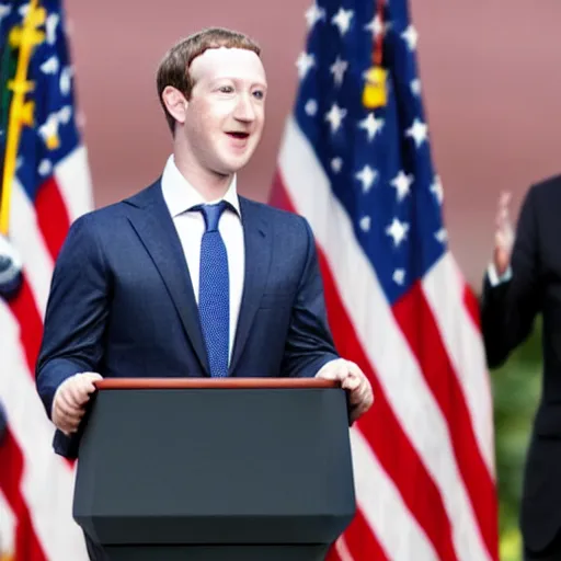 Image similar to mark zuckerberg as the president of the united states wearing a suit standing at the presidential podium