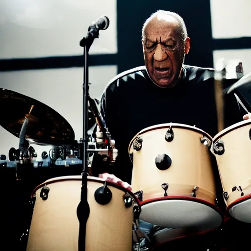 Prompt: Still of a bill cosby playing drums in the bring me to life music video by American rock band Evanescence dslr