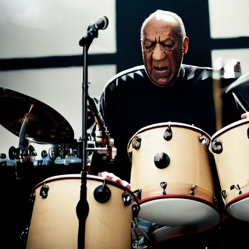 Image similar to Still of a bill cosby playing drums in the bring me to life music video by American rock band Evanescence dslr