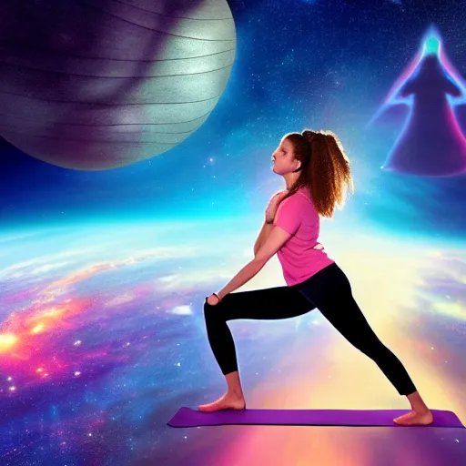 Image similar to hermione granger as yoga instructor in space, trending high quality art station, cinematic shot, magical colors and atmosphere, perfect composition, coherent, 8 k