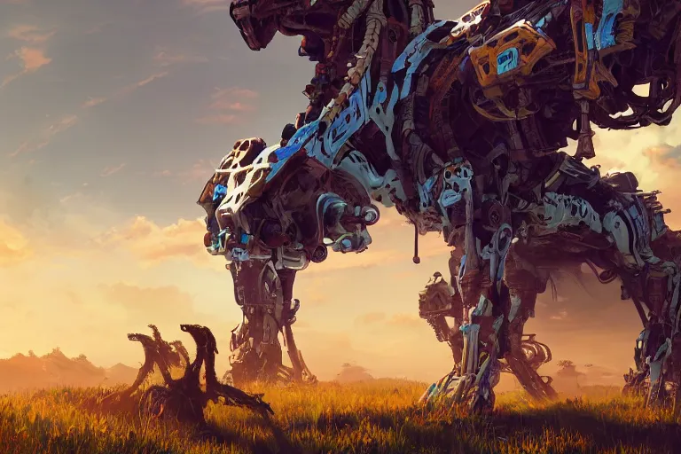 Prompt: tallneck machine creature robot of horizon forbidden west horizon zero dawn radiating a glowing aura global illumination ray tracing hdr fanart arstation by ian pesty and alena aenami artworks in 4 k