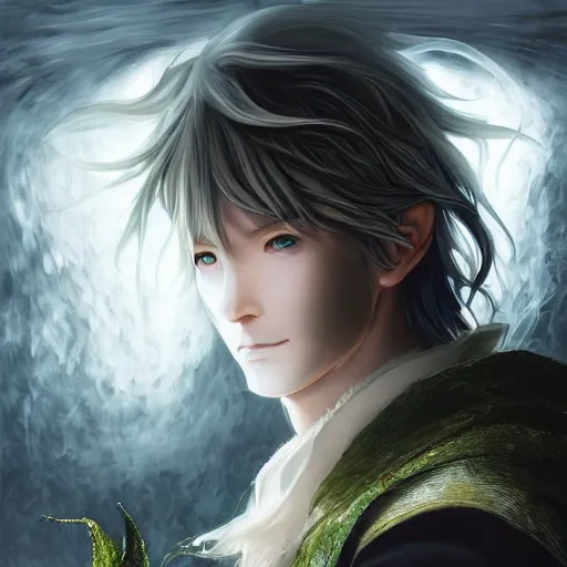 Prompt: a portrait of a handsome elven prince, white fringy hair, backlit, incredible lighting, strong rim light, subsurface scattering, realistic anime, by Heise Jinyao, Heise-Lian Yan Fang, Feimo, Richard Taddei, epic beautiful landscape, highly detailed, god rays, digital painting, HDRI, by marc simonetti, vivid colors, high contrast, 8k resolution, intricate, photorealistic