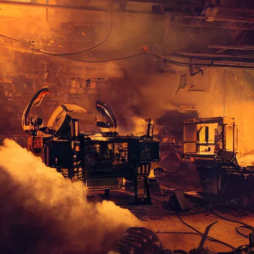 Image similar to head of toaster oven mecha, dark messy smoke - filled cluttered workshop, dark, dramatic lighting, orange tint, cinematic, highly detailed, sci - fi, futuristic, movie still