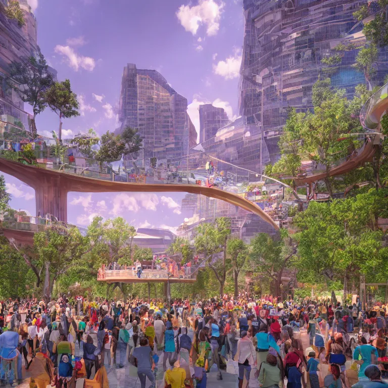 Prompt: environment concept art location of a giant outdoor amphitheater in a modern eco-city located in Aspen Colorado, skybridges, turrets, crowded, hundreds of pedestrians, sunbeams, bold bright colors, unreal engine, detailed, octane render, 4k, photorealistic, cinematic lighting