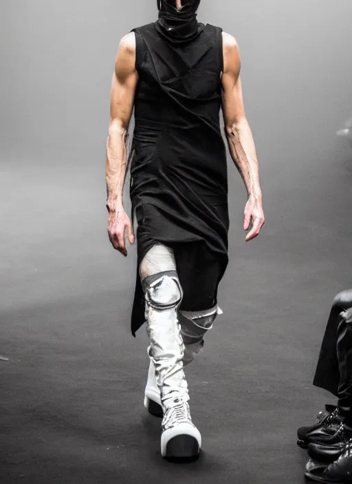 Image similar to hyperrealistic and heavy detailed rick owens avant garde runway show of batman, leica sl 2 5 0 mm, vivid color, high quality, high textured, real life