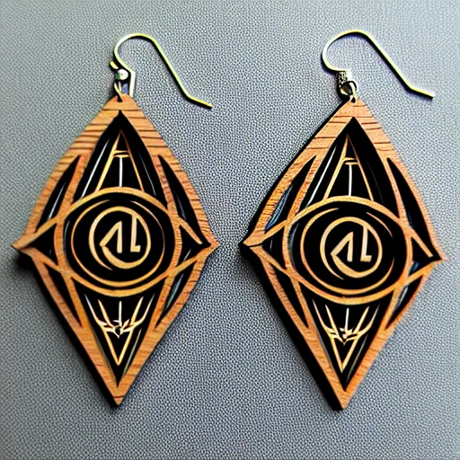 Image similar to 2 d wood lasercut earrings, mystical symbols, 8 k, hd, trending on amazon on artstation, trending on deviantart, trending on etsy, epic digital art