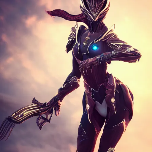 Image similar to highly detailed exquisite fanart, of a beautiful female warframe, elegant pose, holding a detailed epic kitgun, detailed hands, epic cinematic shot, DeviantArt, high quality artstation, HD render