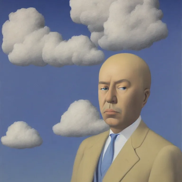 Image similar to portrait of a cloud man, by rene magritte, detailed painting, hd, hq, high resolution, high detail, 4 k, 8 k