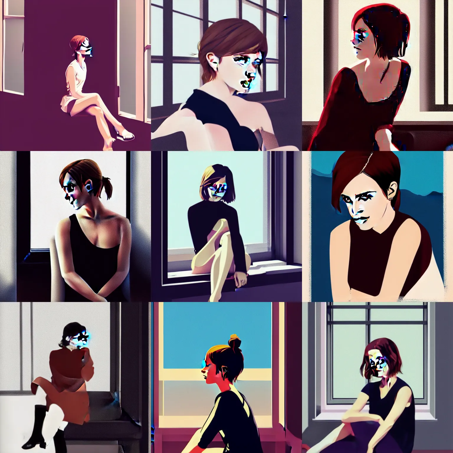 Prompt: emma watson in the style of ilya kuvshinov, sitting down, leaning against the window