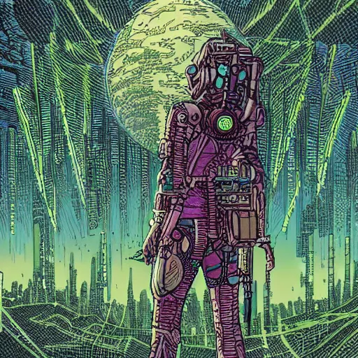 Image similar to Stunningly intricate illustration of single cyberpunk explorer overlooking lush forest, highly detailed, midnight, small glowing orbs by Moebius,