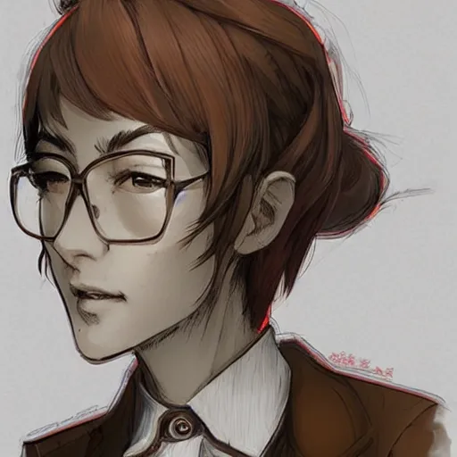 Prompt: artstation, concept art, style kim jung gi, androgynous face, female, human, brown suit vest, longcoat, glasses, short hair, front view, highly detailed, digital art, anime