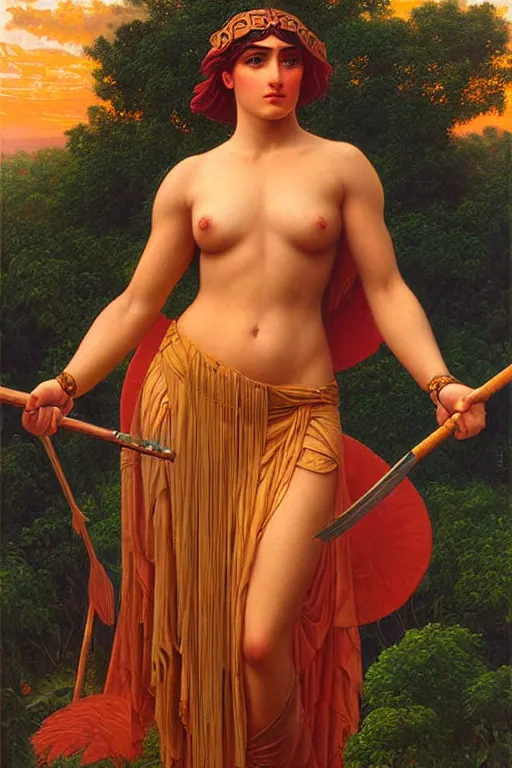 Prompt: beautiful oil painting of a female warrior of the Amazons, armored, forest, symmetrical face, magical, Greek mythology, Ancient Greece, sunset, by John William Godward and Anna Dittman, masterpiece