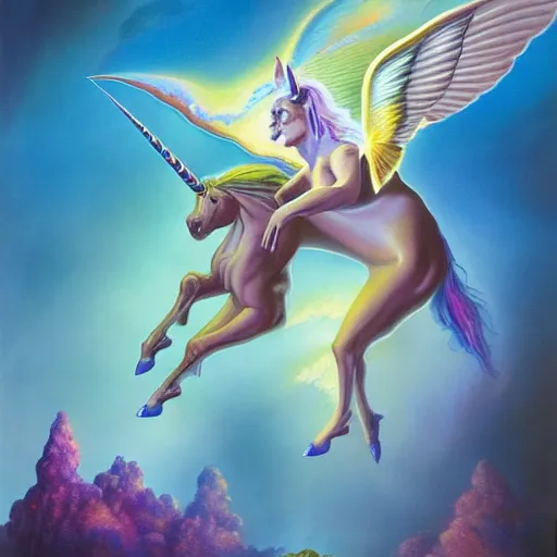 Image similar to an iridescent unicorn with translucent wings frolicking in a field of marijuana, a nebula is in the sky, oil painting by boris vallejo, concept art, highly detailed, high quality, 8 k,