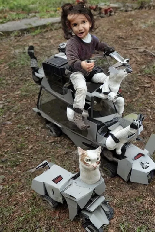 Image similar to tiny humanoid robots riding cats into war.