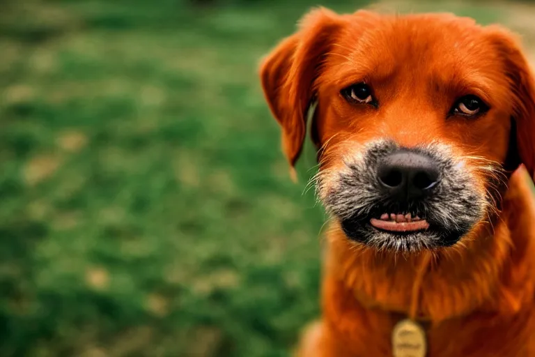 Image similar to closeup potrait of orange dog with crazy bulging eyes, licking its own nose, photograph, natural light, sharp, detailed face, magazine, press, photo, Steve McCurry, David Lazar, Canon, Nikon, focus