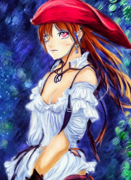 Prompt: a portrait of a female pirate, an in character outfit, very anime in impressionist style, anime trending artwork, 4 k, anime painter studio, by claude monet