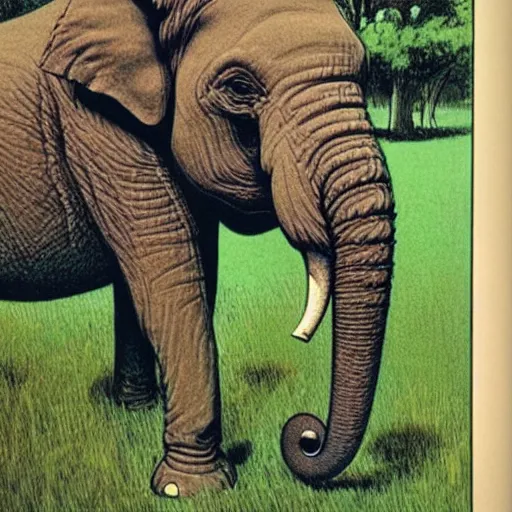 Image similar to Portrait of an elephant on a green meadow, Book for elementary school students, style Franklin Booth