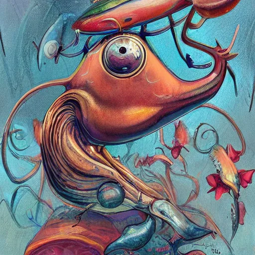 Image similar to a snailbird, a snailbird is a personified snail with a face mixed with a bird, has wings, has snail shell, uhd, painted by james jean