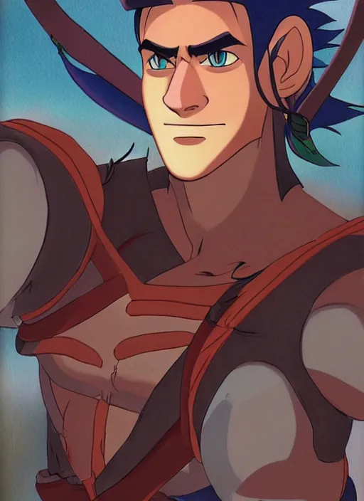 Image similar to official digital painting artwork of a male warrior character by don bluth, ross tran and studio ghibli.