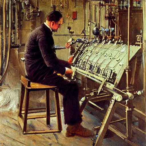 Prompt: edwardian engineer working on a complicated machine, painting by alfred stevens