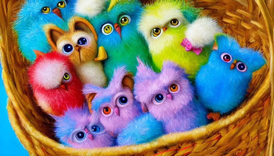 Prompt: highly detailed painting of 9 0 s furby toys cuddling up in a basket by william turner, thick brush strokes and visible paint layers, 4 k resolution