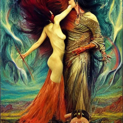 Prompt: the concept of a loving relationship, transcendence, airbrush art, shamanic dmt horror art, by edwin austin abbey