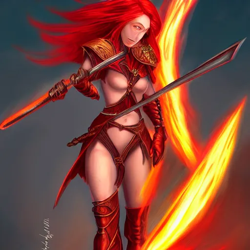 Image similar to fantasy concept art, winged! red hair woman!! flaming sword!!! ( ( ( plate armor ) ) ) ( ( ( ( devilish smile ) ) ) ), 4 k, painting