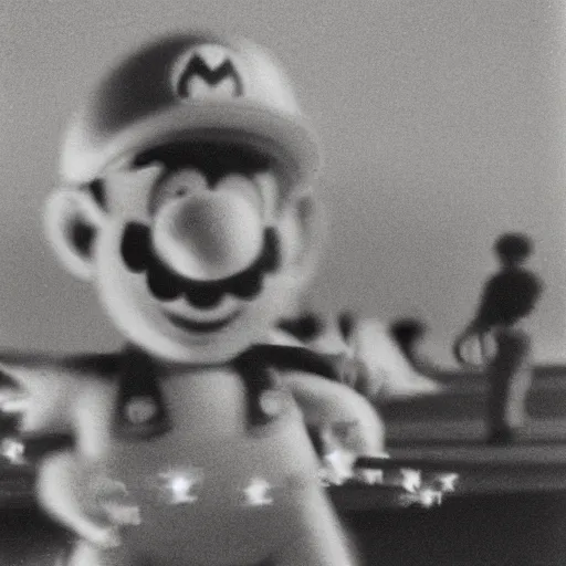 Image similar to 12mm pentax k1000 macro photograph, grainy abstract experimental expired film photo, of real human Video Game Character Super Mario, angry in the 1960s